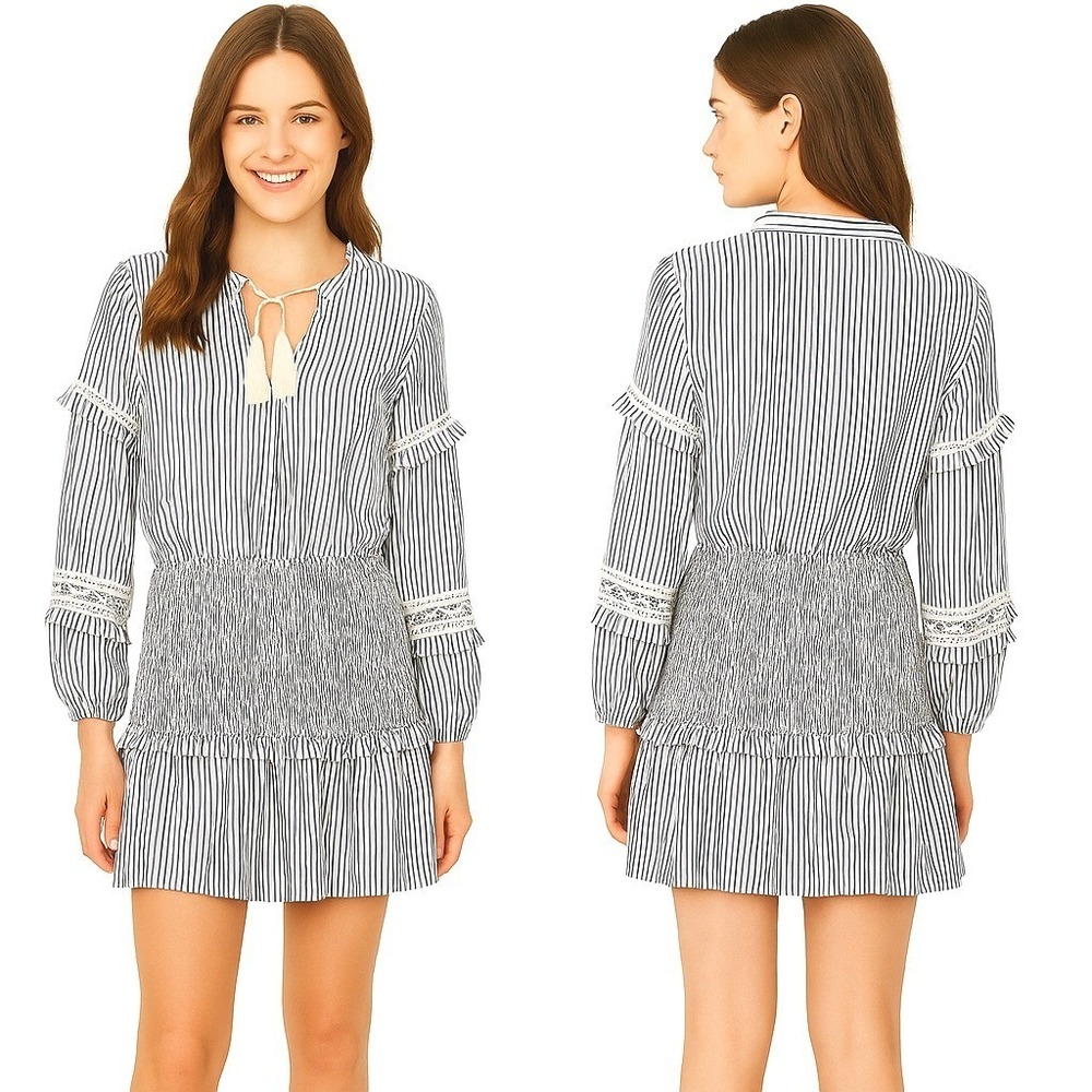 AQUA Blue White Striped Crochet Lace Mini Dress Small Tassel Tie Smocked Boho